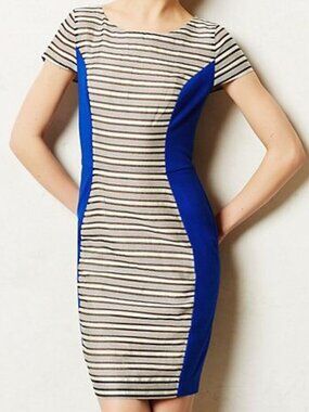 Anthropologie Nola Ponte Dress Striped Sheath with Blue Side Panels